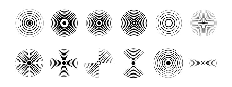Vector colección de ondas de sonar negro indicador de detección de señal círculos de monitor de pulso frecuencia de sonido de radar logotipos de detectores de radio señales de objetivo o dolor vectoriales símbolos de señal de radio detectar ilustración