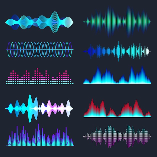 Vector colección de ondas sonoras de color señal de audio analógico y digital equalizador de música grabación de voz de interferencia ondas de radio de alta frecuencia ilustración vectorial