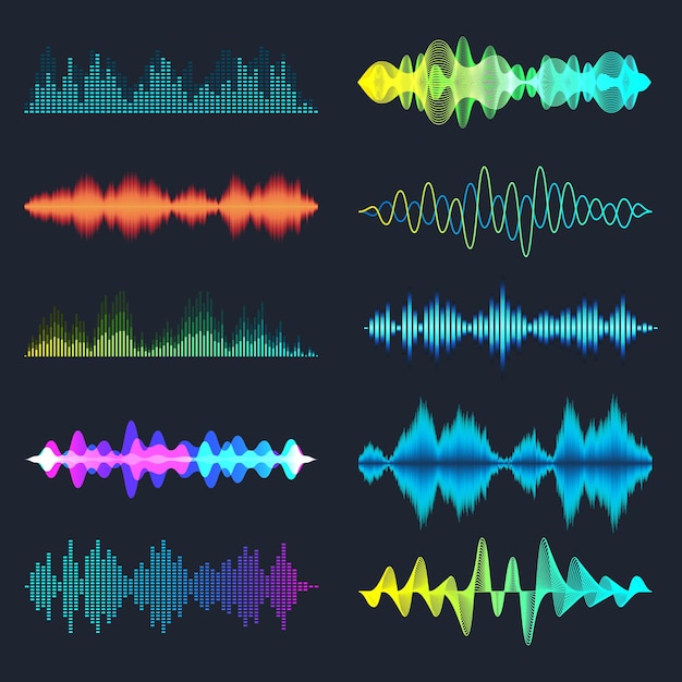 Colección de ondas sonoras de colores señal de audio analógica y digital música ecualizador interferencia voz