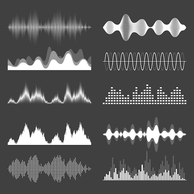 Colección de ondas sonoras señal de audio analógica y digital música ecualizador interferencia grabación de voz
