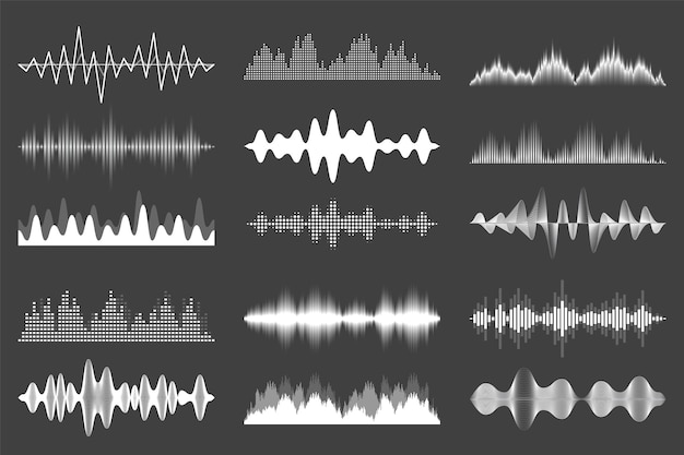 Vector colección de ondas sonoras señal de audio analógica y digital música ecualizador interferencia grabación de voz