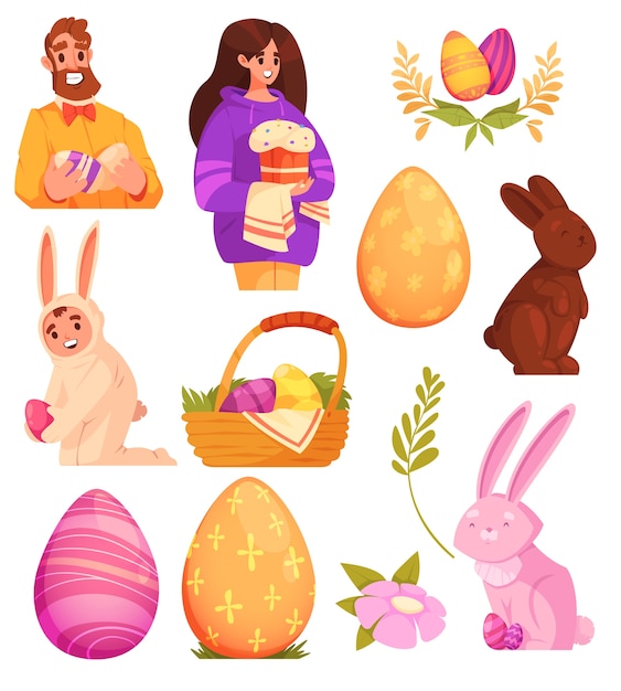 Colección original de dibujos animados planos dibujados a mano con conejos y huevos de Pascua