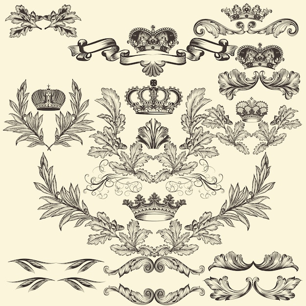 Colección de ornamentos de hojas y coronas dibujadas a mano