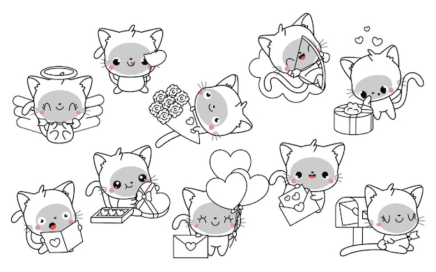 Colección de página para colorear de gato siamés kawaii vectorial conjunto de contorno de gato bebé de dibujos animados aislados