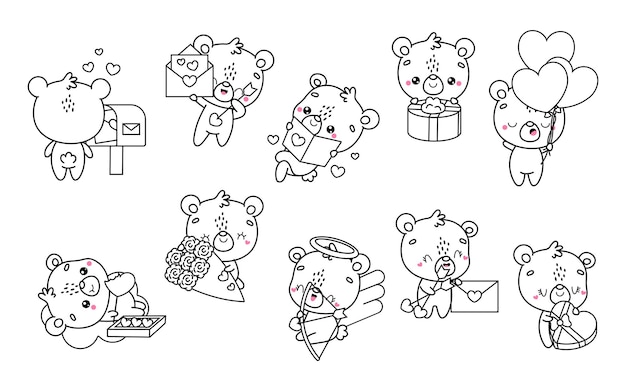 Colección de páginas para colorear de oso polar kawaii vectorial conjunto de contorno de oso bebé de dibujos animados aislados