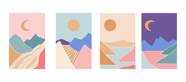 Colección de paisajes abstractos rectangulares montañas de sol olas estilo japonés