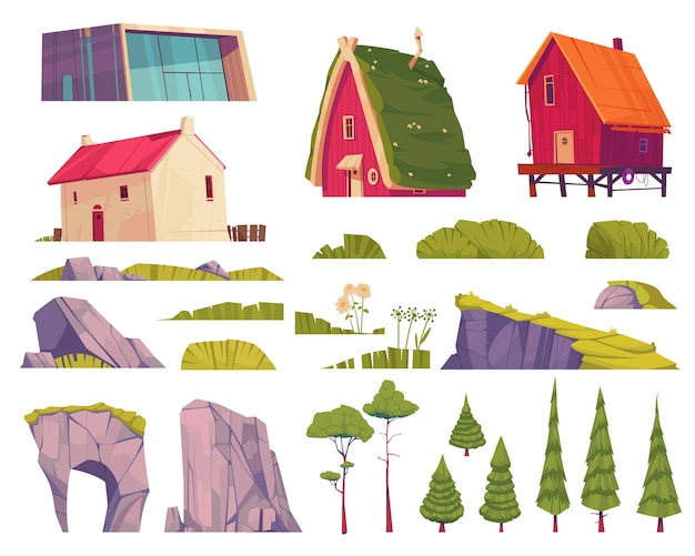 Colección de paisajes de dibujos animados con casas y elementos naturales