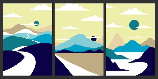 Colección de paisajes naturales sol y nubes fondo de carretera de montaña Ilustración abstracta y moderna