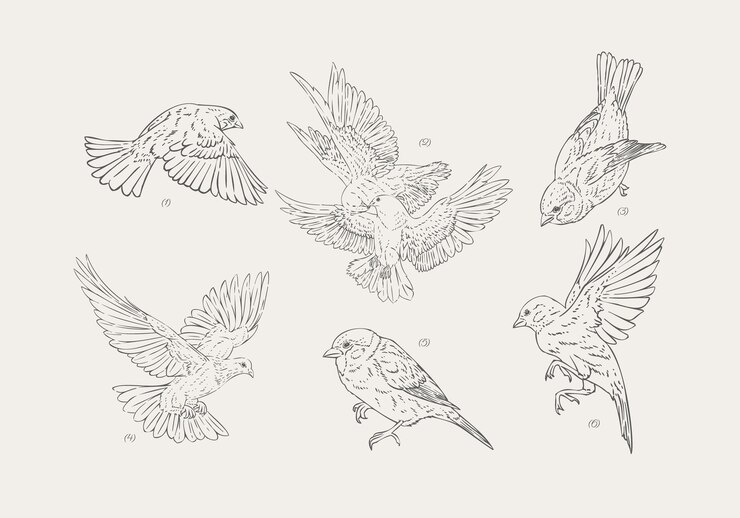 Colección de pájaros dibujados a mano Ilustraciones de paloma blanca graciosa y gorrión lúdico