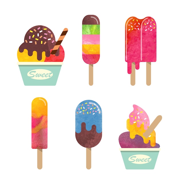 Colección de paletas de hielo de comida dulce de postre delicioso de acuarela colorida