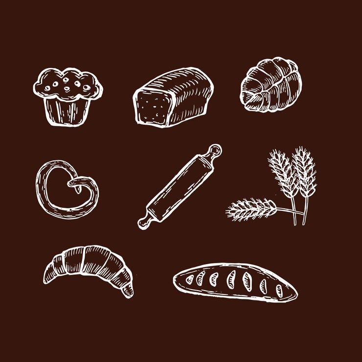 Vector colección de pan en estilo retro esbozo de molino de harina de croissant de pan de trigo