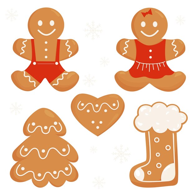 Vector colección de pan de jengibre de navidad lindo hombre de pan de jengibre y niña árbol corazón y bota de navidad