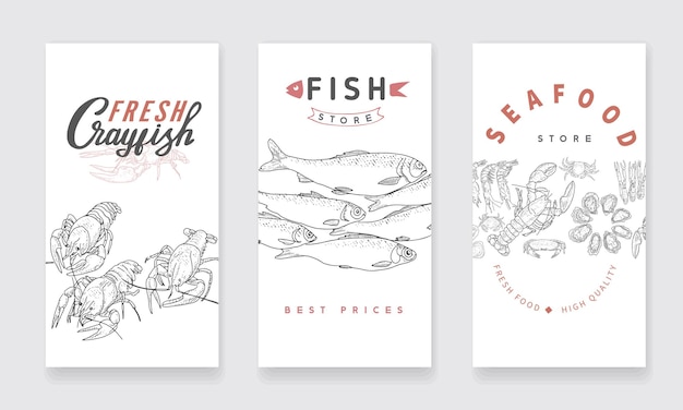 Una colección de pancartas para anunciar una tienda de pescado o un mercado de mariscos