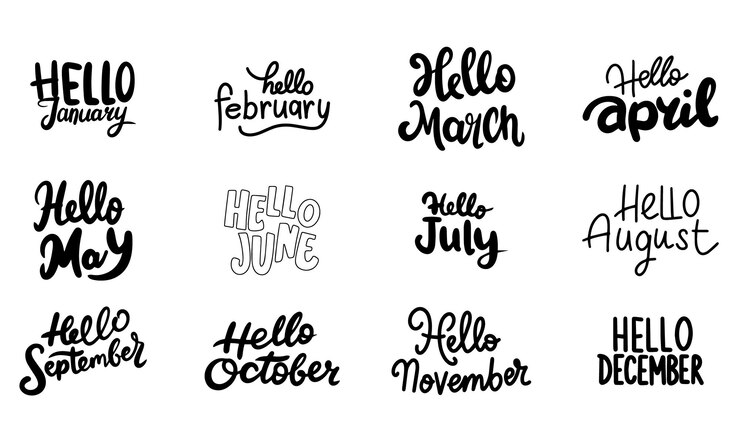 Vector colección de pancartas de texto hola mayo hola junio julio agosto septiembre octubre vecto dibujado a mano