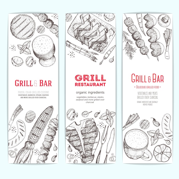 Colección de pancartas verticales de carne y verduras a la parrilla Ilustración de vector de diseño de barra de parrilla