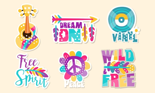 Colección de parches retro hippie pegatinas coloridas y brillantes Ilustración vectorial