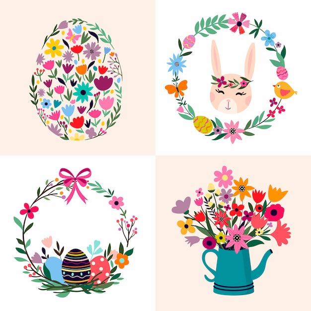 Colección de Pascua con conejo y huevos, diseño decorativo de temporada