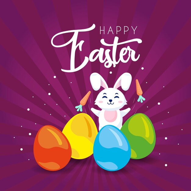 Colección de pascua. ilustración de vector con huevos de colores y conejo. felices pascuas.