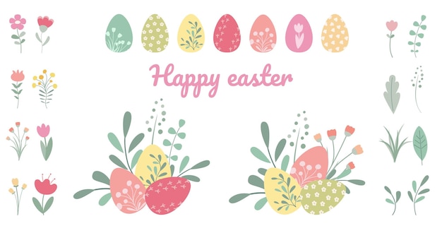 Colección de Pascua linda en diseño simple Conjunto de hojas de flores y huevos de Pascua para carteles de carteles