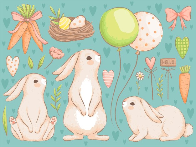 Colección de Pascua. Con lindos conejos, pelotas, zanahorias y huevos de colores para el diseño de Pascua. Imitación de acuarela hecha a mano. .
