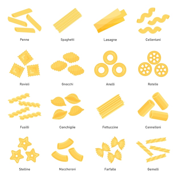 Colección de pasta conjunto de diferentes tipos elementos para menú o diseño de empaque ilustración vectorial