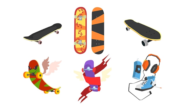 Colección de patinetas estilo de vida activo equipo deportivo extremo ilustración vectorial en fondo blanco