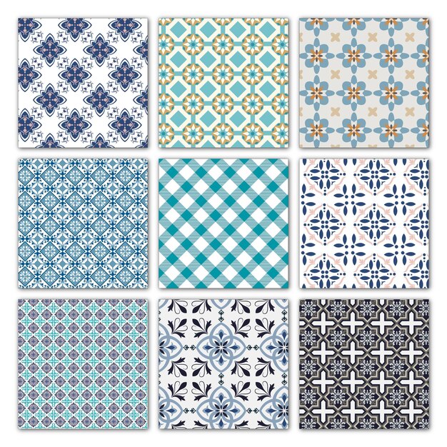 Colección de patrones de azulejos decorativos en varios diseños azules y turquesas