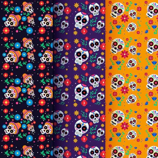 Vector colección de patrones de calaveras con sombreros florales