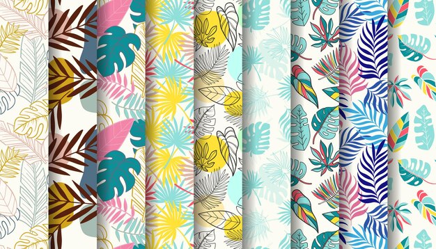 Colección de patrones sin costuras con coloridas hojas tropicales de verano dibujadas a mano
