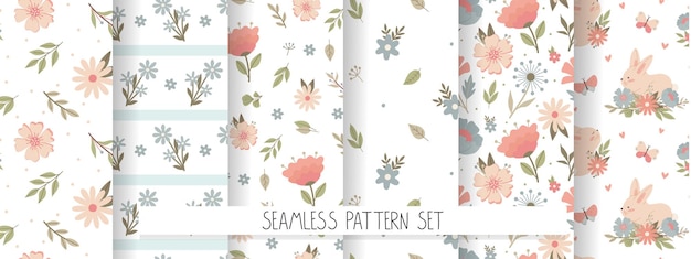 Colección de patrones sin costuras florales minimalistas pastel infantiles Conjunto de seis ilustraciones vectoriales con plantas de flores para papel digital y textiles