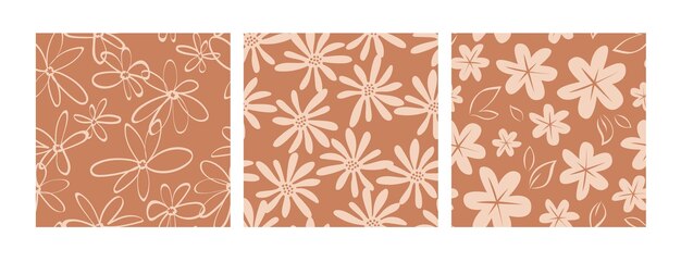 Colección de patrones sin costuras marrones con flores simples Diseño floral moderno Ilustración vectorial