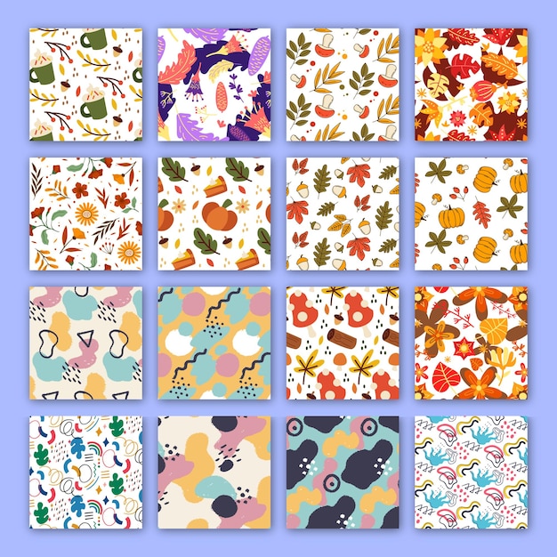 Colección de patrones sin costuras de otoño y estacionales para diseño y fondos