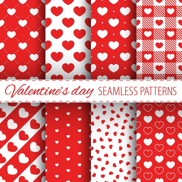 Colección de patrones sin costuras vectoriales de corazones en colores blanco y rojo Decoración para el día de San Valentín
