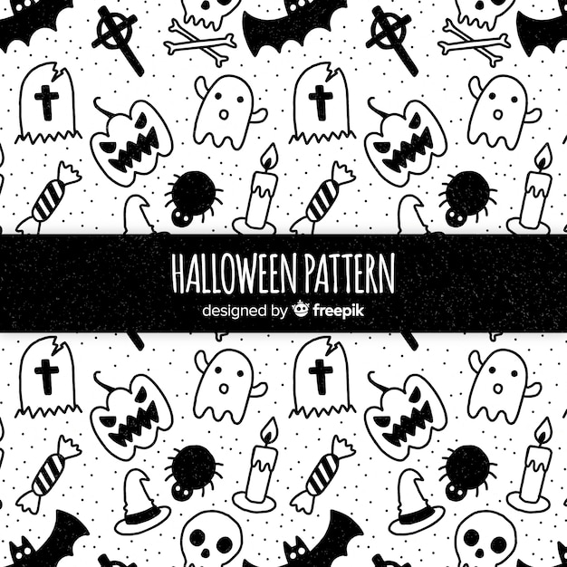 Colección de patrones con elementos de halloween en blanco y negro