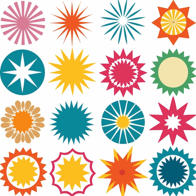 una colección de patrones de estrellas coloridas incluyendo girasoles