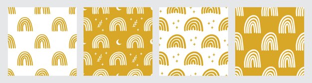 Colección de patrones sin fisuras con arco iris mágicos modernos. Dibujado a mano ilustración de vector de arco iris de vivero boho. Impresión para textil, ropa para niños y bebés, envoltura de papel digital, tela, papel tapiz.