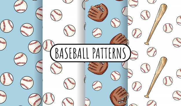 Colección de patrones sin fisuras de béisbol. garabatos lindos balones dibujados a mano textura de fondo conjunto de azulejos