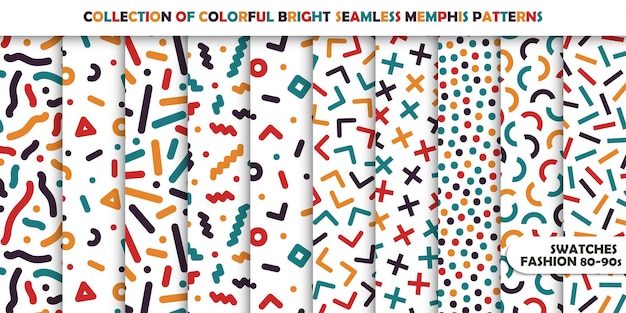 Colección de patrones sin fisuras de colores brillantes Diseño de mosaico de Memphis estilo de moda retro 8090s