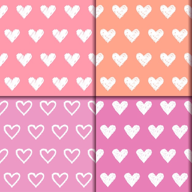 Colección de patrones sin fisuras de corazones de Doodle. Dibujado a mano dibujos animados decorativos amor romántico con elementos gráficos simples aislados sobre fondo elegante. Plantilla de diseño para boda o día de San Valentín