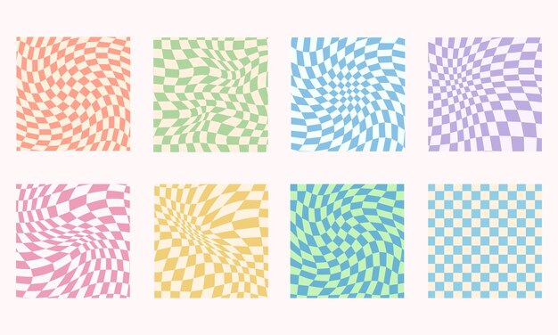Colección de patrones sin fisuras a cuadros groovy retro y2k estética Fondo de tablero de ajedrez Trippy Fondo retro de impresión textil de moda hippie funky con conjunto de patrón de vector de mosaico de cuadrícula distorsionada