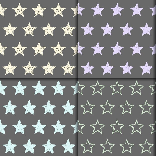 Colección de patrones sin fisuras de estrellas de Doodle. Conjunto dibujado a mano con elementos gráficos simples aislado fondo elegante gris suave. Plantilla brillante para usar en diseño