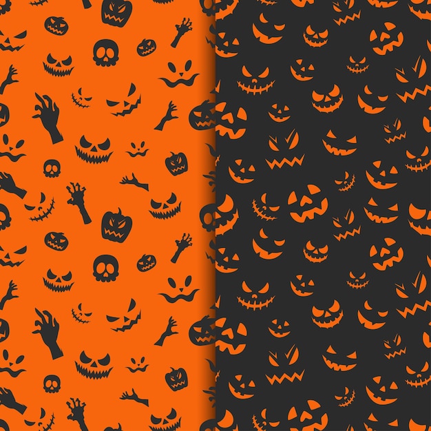 Colección de patrones sin fisuras de Halloween con calavera de calabaza, cara aterradora, mano fantasma y cara fantasma