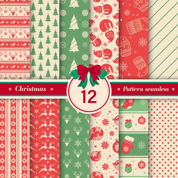 Vector colección de patrones sin fisuras de navidad en color vintage