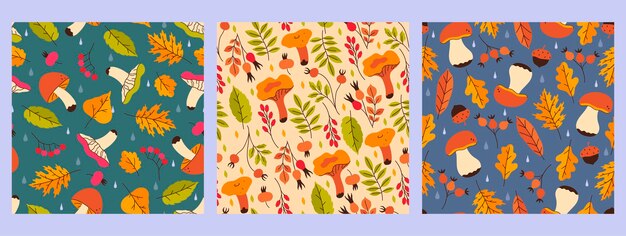 Colección de patrones sin fisuras de otoño con setas, bayas y hojas Imagen vectorial