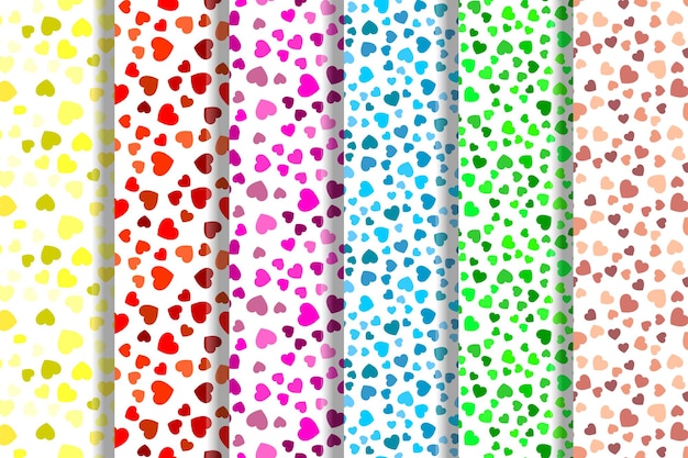 Colección de patrones sin fisuras de vector de corazones amarillos rojos rosa azul verde beige