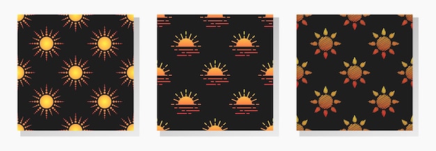 Colección de patrones sin fisuras de vector de sol degradado naranja estilizada sobre fondo negro