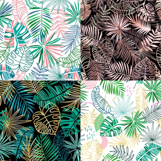 Colección de patrones sin fisuras de vector tropical Verano trópico floral plantbackground Hojas de selva verde sobre fondo rosa