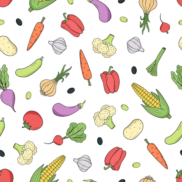 Colección de patrones sin fisuras de verduras de dibujo coloreadas en estilo garabato Un conjunto de ilustraciones vectoriales de la cosecha maíz papas zanahorias rábanos remolachas ajo cebollas tomates, etc.