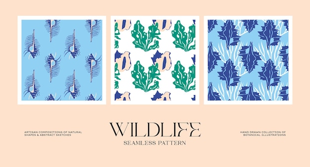 Colección de patrones sin fisuras de vida silvestre abstracta para adaptarse a su identidad de marca nuestro diseño de empaque