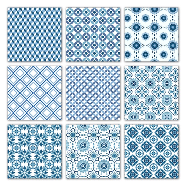Colección de patrones geométricos y florales azules